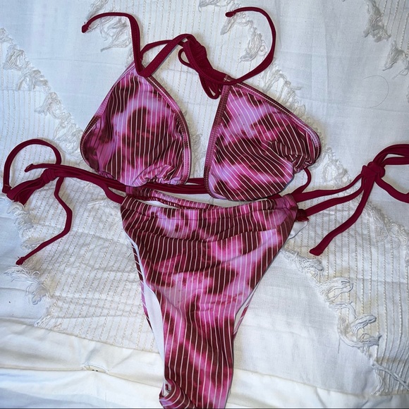 Bissommer by Amazon Tie Dye Striped Triangle Bikini Set Pink Fuchsia XL - Picture 2 of 3